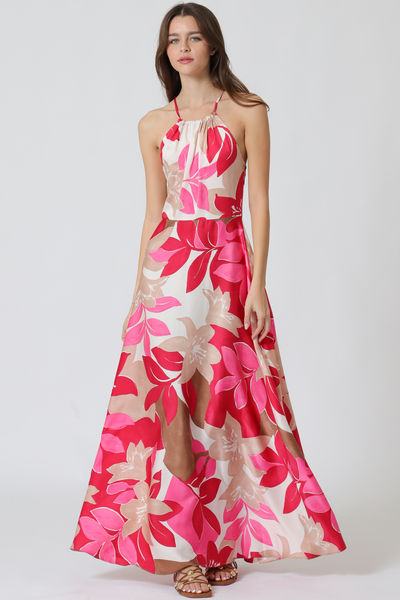 featuring halter neckline defined waist maxi dress