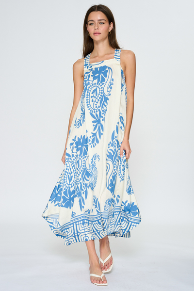 SQUARE NECK SLEEVELESS BORDER PRINTED MAXI DRESS