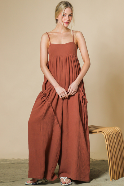 DOUBLE GAUZE CAMI JUMPSUIT WITH SIDE POCKET WITH DRAWSTRING TIE