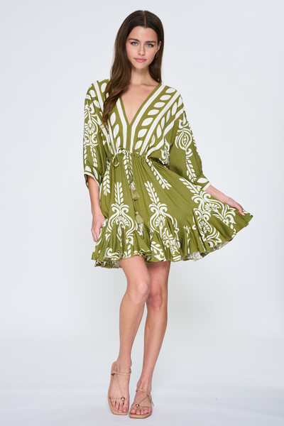 3/4 DOLMAN \ SLEEVE TIE  WAIST WITH TASSEL TRIM DETAIL MINI DRESS