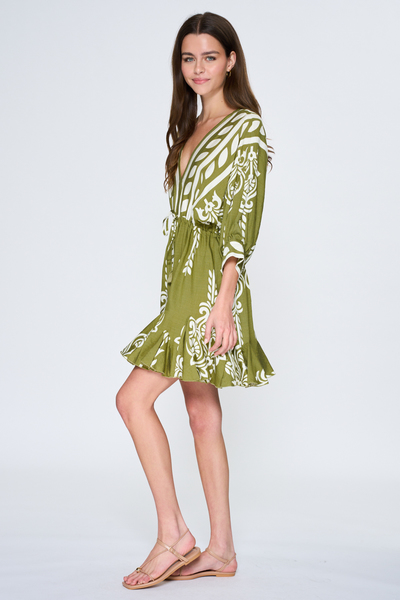 3/4 DOLMAN \ SLEEVE TIE  WAIST WITH TASSEL TRIM DETAIL MINI DRESS