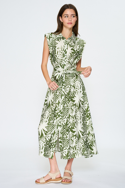 BUTTON DOWN TIE WAIST BELTED MIDI DRESS