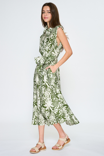 BUTTON DOWN TIE WAIST BELTED MIDI DRESS