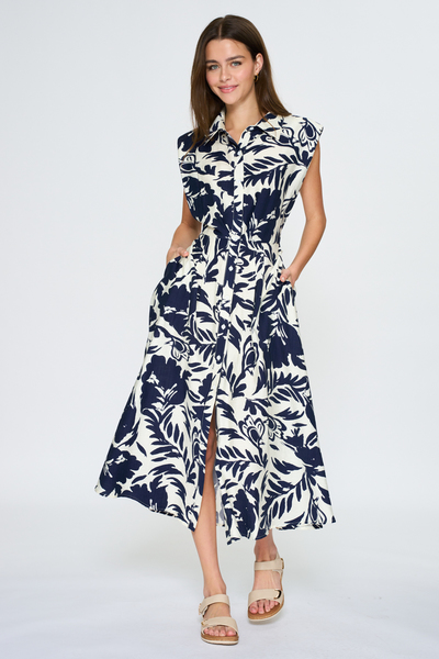 BUTTON DOWN BELTED WAISTED MIDI DRESS