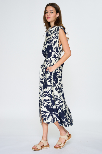 BUTTON DOWN BELTED WAISTED MIDI DRESS