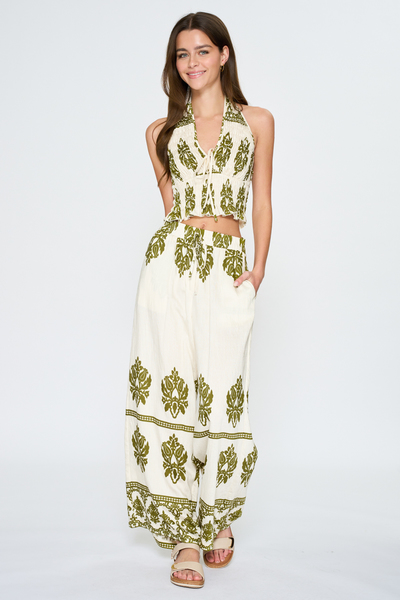 HALTER ELASTIC SMOCKED TOP & LONG PANTS SET
