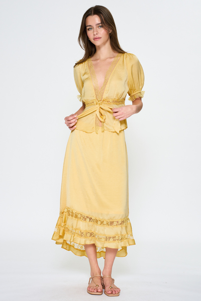 SATIN FRONT TIE PEPLUM & LACE MIDI SKIRT SET