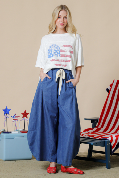 DENIM BARREL PANTS WITH TWILL WAIST TIE