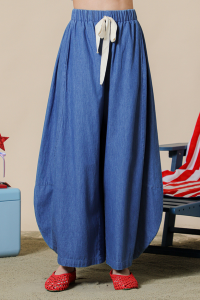 DENIM BARREL PANTS WITH TWILL WAIST TIE