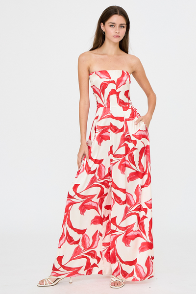 PRINTED STRAPLESS BACK TIE WIDE LEG JUMPSUIT