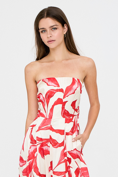 PRINTED STRAPLESS BACK TIE WIDE LEG JUMPSUIT