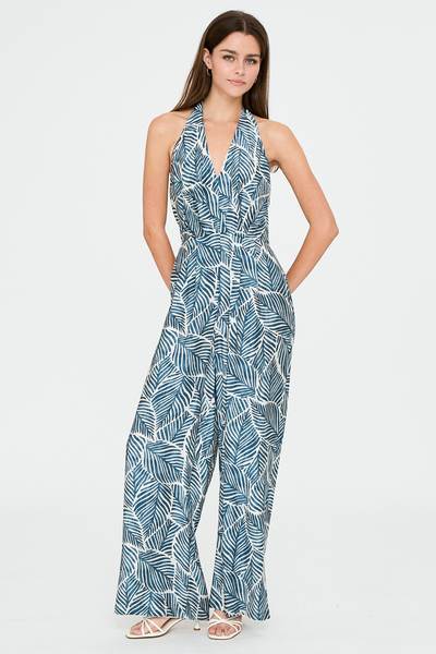 LEAF PRINT HALTER BACKLESS WIDE LEG JUMPSUIT