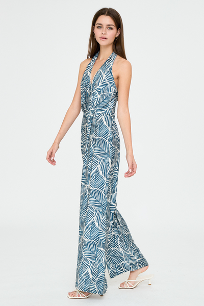 LEAF PRINT HALTER BACKLESS WIDE LEG JUMPSUIT