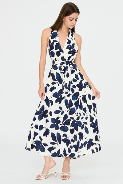 FLORAL HALTER MIDI DRESS WITH WAIST TIE