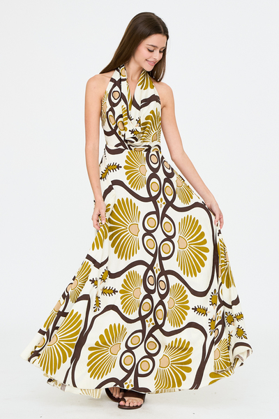 HALTER PRINT MAXI DRESS WITH OPEN BACK