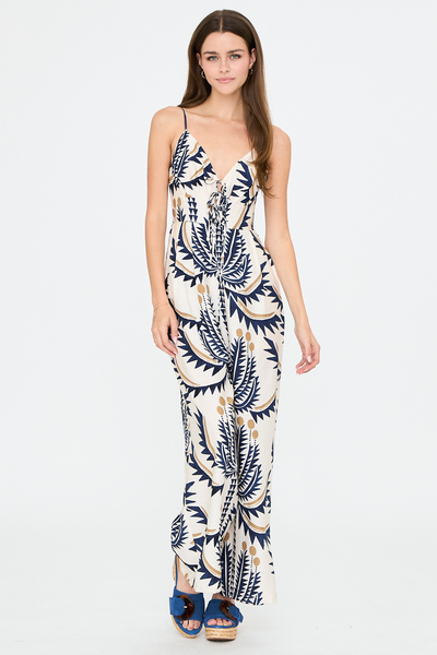 PRINTED CAMI JUMPSUIT WITH FRONT TIE