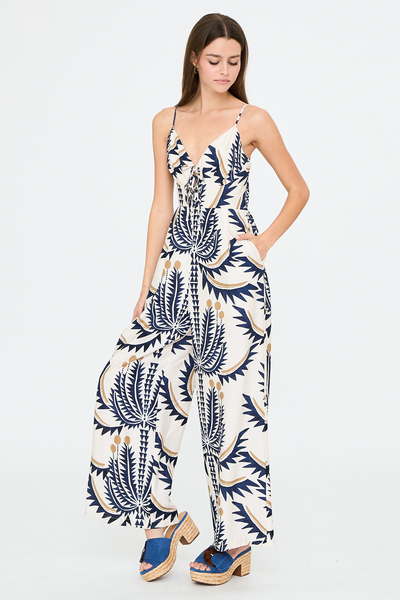 PRINTED CAMI JUMPSUIT WITH FRONT TIE