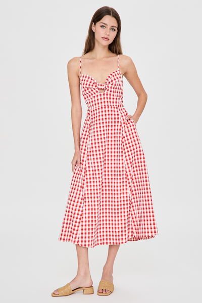GINGHAM TIE BACK CUTOUT MIDI DRESS