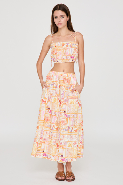 PATCHWORK PRINT TIE STRAP TOP & MIDI SKIRT SET