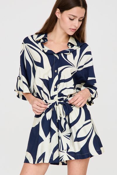 FLORAL PRINT COLLARED TIE WAIST ROMPER