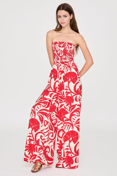 SMOCKED STRAPLESS WIDE LEG PRINT JUMPSUIT