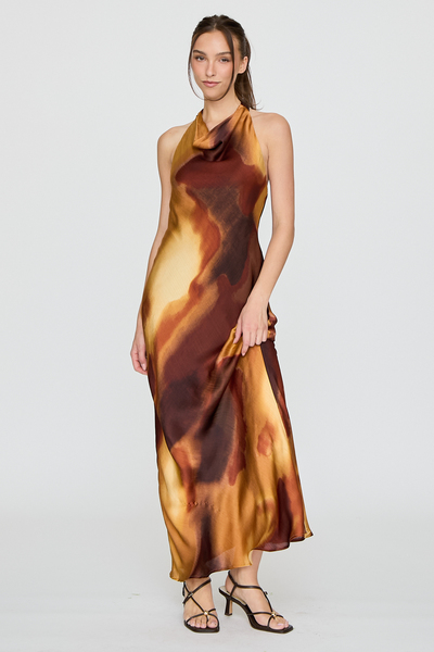 HIGH NECK HALTER PRINT MAXI DRESS