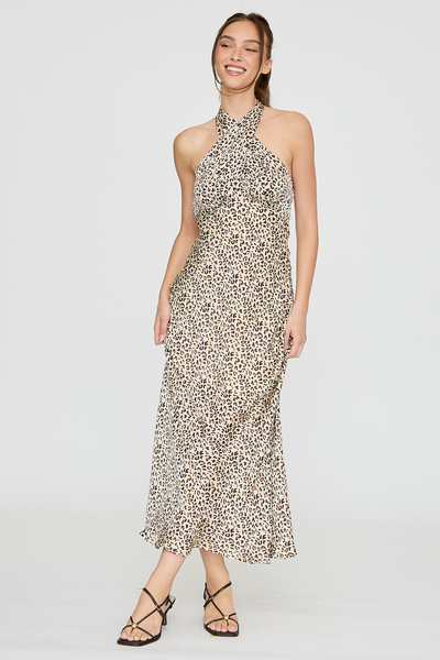 LEOPARD PRINT CROSS HALTER MAXI DRESS