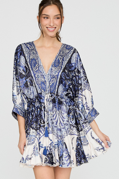PAISLEY PRINT TIE WAIST MINI DRESS