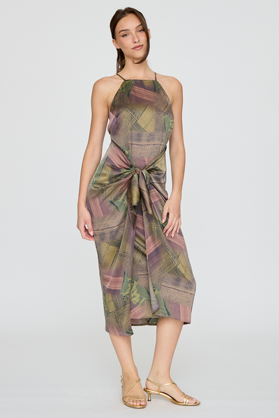 SLEEVELESS TIE FRONT MIDI DRESS
