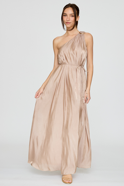 ONE SHOULDER METALLIC TRIM MAXI DRESS