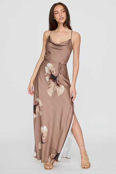 FLORAL PRINT COWL NECK MAXI DRESS