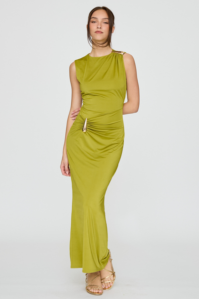 GOLD TRIM DETAIL RUCHED MAXI DRESS