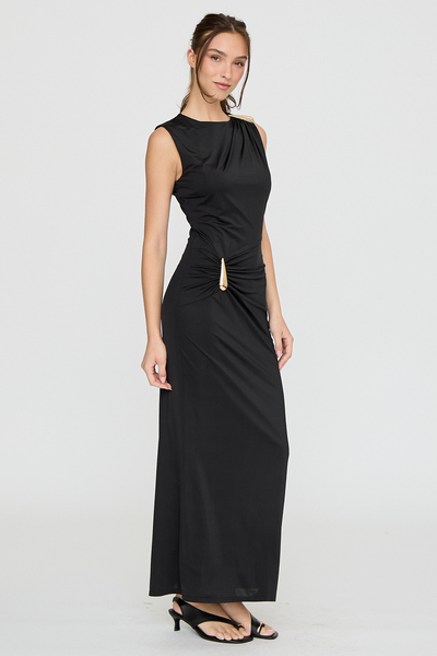GOLD TRIM DETAIL RUCHED MAXI DRESS