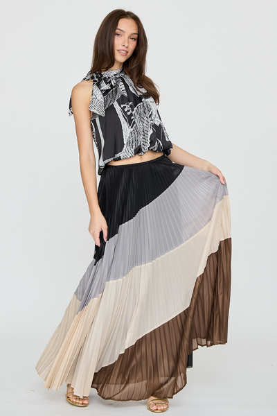 COLOR BLOCK PLEATED MAXI SKIRT