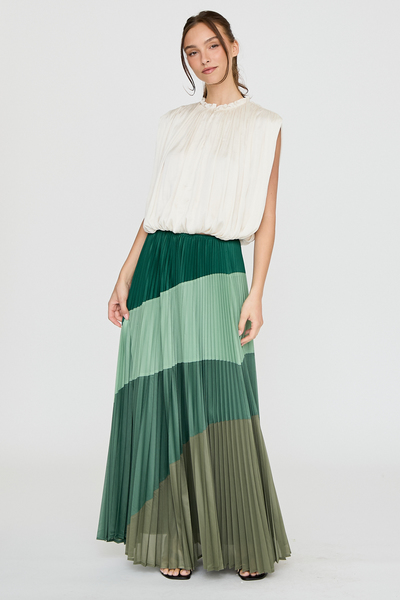 COLOR BLOCK PLEATED MAXI SKIRT