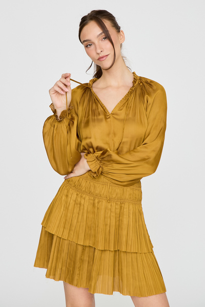RUFFLE NECK PLEATED MINI DRESS
