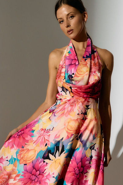 HALTER COWL NECK FLORAL OPEN BACK MAXI DRESS