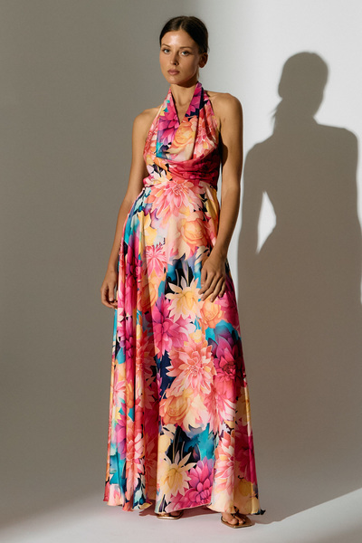 HALTER COWL NECK FLORAL OPEN BACK MAXI DRESS