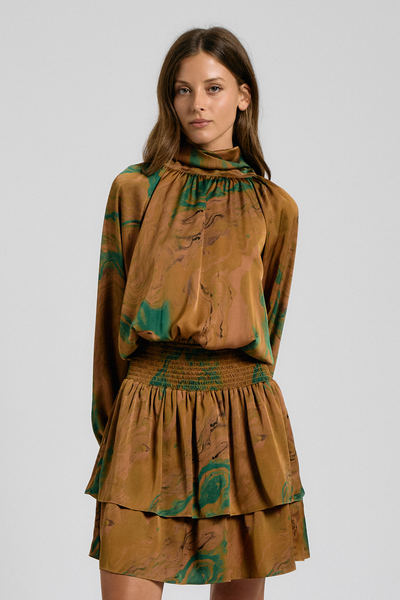 MARBLE PRINT NECK TIE MINI DRESS
