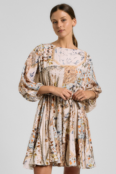 DOLMAN SLEEVE PATCHWORK MINI DRESS WITH BRAID BELT