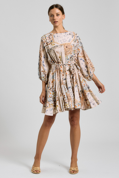 DOLMAN SLEEVE PATCHWORK MINI DRESS WITH BRAID BELT