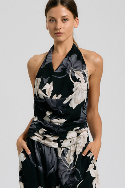 FLORAL HALTER COWL NECK WIDE-LEG JUMPSUIT