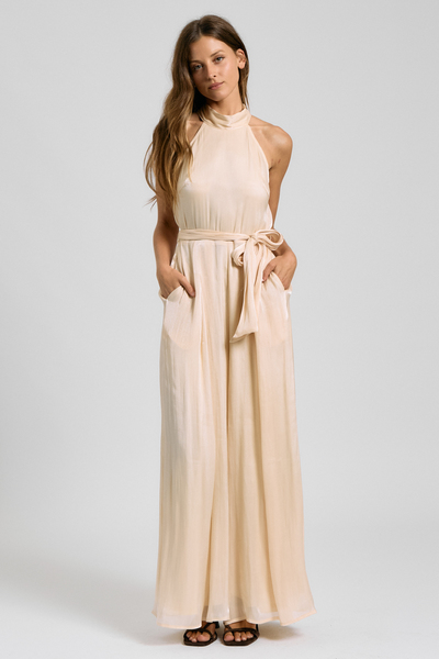 HIGH NECK TIE BACK WIDE-LEG JUMPSUIT