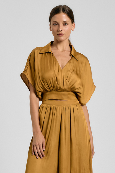 COLLARED SURPLICE TOP & WIDE-LEG PANT SET