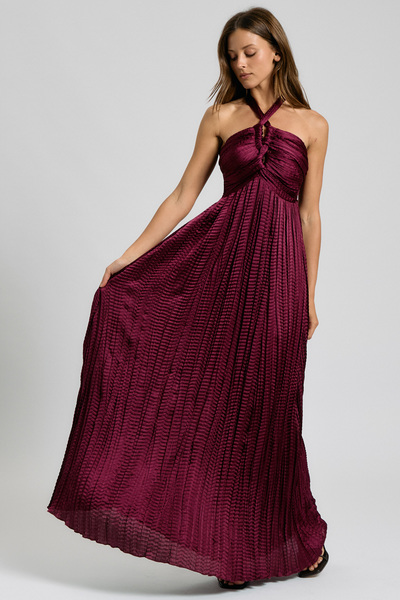 CRINKLE PLEATED HALTER SMOCKED MAXI DRESS