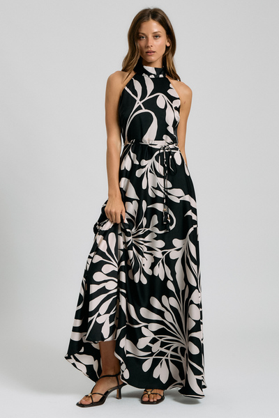 ABSTRACT HALTER TIE-NECK MAXI DRESS