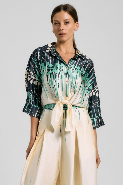 PRINTED TIE-FRONT SHIRT & WIDE LEG PANTS SET
