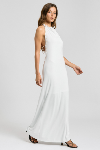 METAL TRIM HALTER OPEN-BACK MAXI DRESS