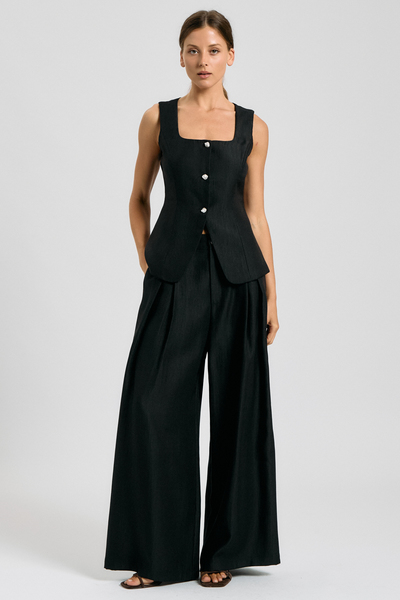 PEARL BUTTON SQUARE NECK VEST & WIDE LEG PANTS SET