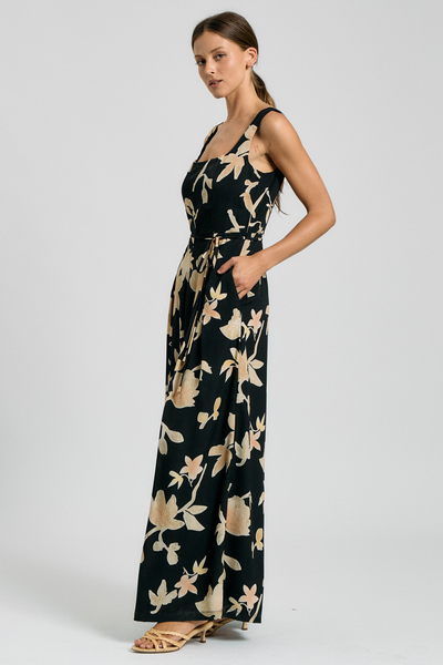 SATIN FLORAL SQUARE NECK WIDE LEG JUMPSUIT